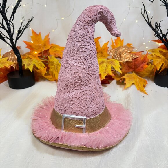 BELLA LUX Halloween Lace Tulle Pink Witch Hat Shabby Wicked Gold Prop Decor - Picture 1 of 7